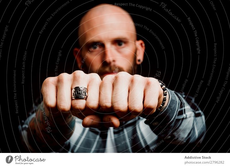 Young bald guy showing fists Man Fist Indicate Tattoo Hipster Bald or shaved head Earnest Youth (Young adults) Guy bearded Ring Shirt Hand hairless Easygoing