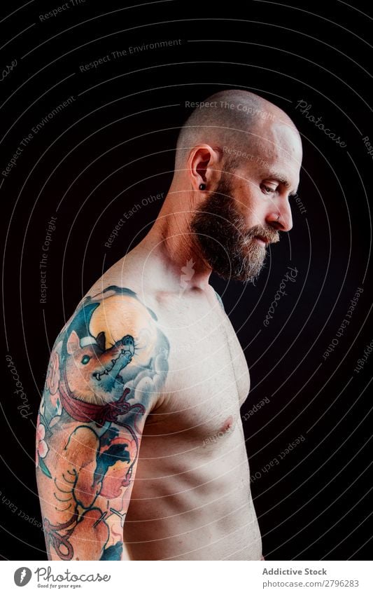 Young shirtless bearded guy with tattoos Man Tattoo Hipster Youth (Young adults) Guy Bald or shaved head Hand Indicate handsome Art Cool (slang) Studio shot