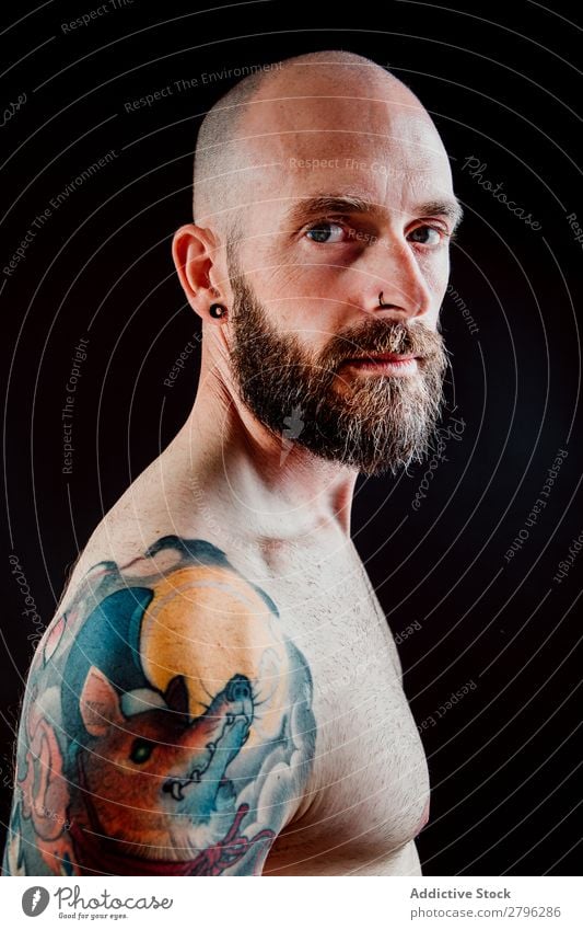 Young shirtless bearded guy with tattoos Man Tattoo Hipster Youth (Young adults) Guy Bald or shaved head Hand Indicate handsome Art Cool (slang) Studio shot