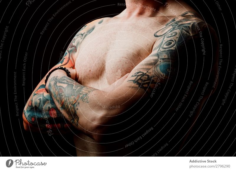 Young shirtless guy with tattoos Man Tattoo Hipster Youth (Young adults) Guy crossed hands Hand Indicate handsome Art Cool (slang) Studio shot Skin Design
