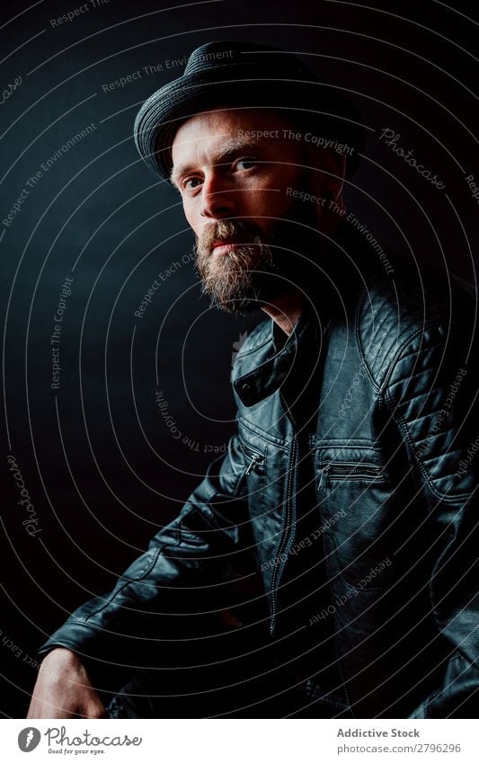 Young bearded guy in leather jacket Man Leather jacket Hipster Youth (Young adults) Hat Guy handsome Cool (slang) Style Easygoing Studio shot Interest Macho