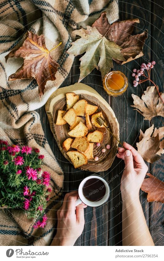 Crop hands with tea smearing honey on croutons Hand Tea Honey Daub Leaf Autumn Flower Table Blanket Spoon Cup Hot Drinking Beverage Natural Organic Healthy