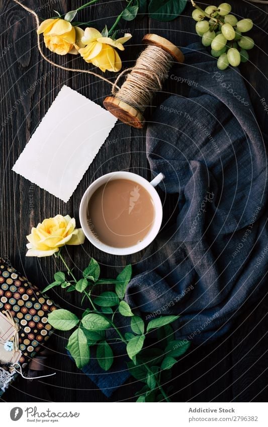 Flowers and empty note near coffee Rose Coffee Blank Table Cloth Bunch of grapes Thread Surprise Gift Cup Drinking Beverage Hot Fresh Blossom Floral Empty