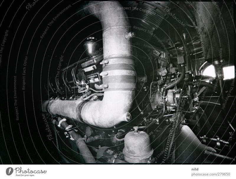 engine room Machinery Engines Technology Railroad Strong Black Claustrophobia Power Might Impulsion Pipe Black & white photo Interior shot Detail Deserted