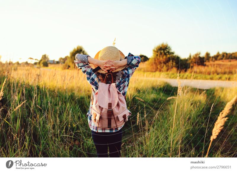 happy child girl walking on summer countryside Lifestyle Joy Leisure and hobbies Vacation & Travel Trip Adventure Freedom Expedition Summer Hiking Child Infancy