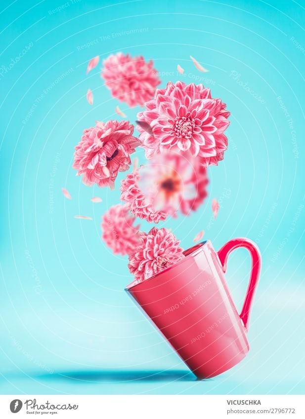 Pink cup with flying flowers Cup Lifestyle Style Design Summer Decoration Valentine's Day Flower Bouquet Background picture Arranged Floating Abstract Turquoise