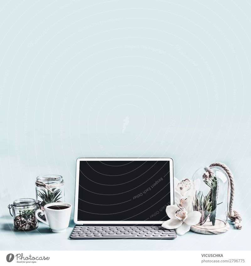 Laptop mock up on desktop with plants and coffee cup Beverage Coffee Style Design Decoration Desk Office Business Notebook Internet Pot plant Background picture