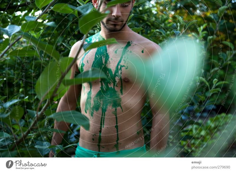 Greenish Masculine Young man Youth (Young adults) 1 Human being 18 - 30 years Adults Environment Nature Plant Tree Garden Thin Muscular Natural Bodypainting