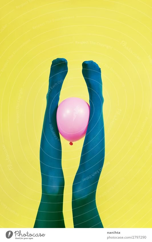 Green legs of a woman and a pink balloon Design Body Contentment Feminine Woman Adults Feet Art Tights Balloon Cool (slang) Eroticism Fresh Funny Retro Yellow