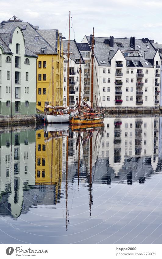 Port Alesund Norway Fishing village Town Deserted House (Residential Structure) Harbour Facade Tourist Attraction Sailboat Sailing ship Blue Brown Yellow Gold