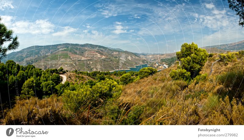 Spanish Panorama Landscape Summer Beautiful weather Bushes Hill Mountain Far-off places Free Natural Town Blue Green Relaxation Vacation & Travel Freedom Idyll