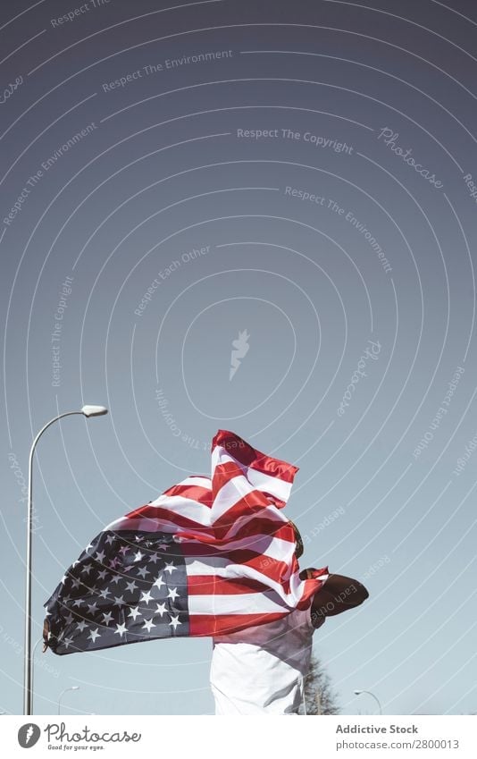 Casual man with American flag on street Man Flag waving Hold patriotic USA Vacation & Travel Feasts & Celebrations Freedom Countries Exterior shot