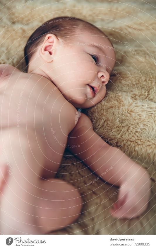 Newborn girl awake lying on blanket Happy Beautiful Body Face Calm Bedroom Child Human being Baby Woman Adults Infancy Warmth Authentic Small Naked Cute