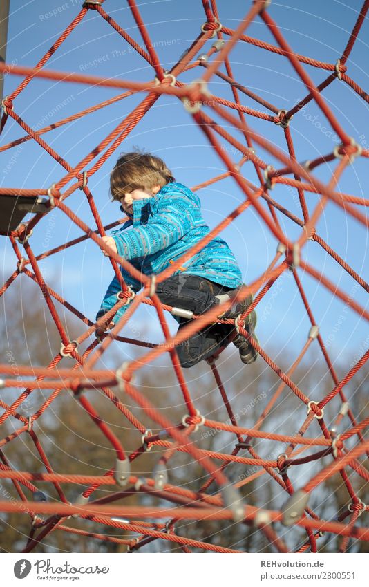 Children climbing on the playground ponder strategy challenge Net ropes Cloudless sky Human being Boy (child) Infancy 3 - 8 years Sky Spring Beautiful weather