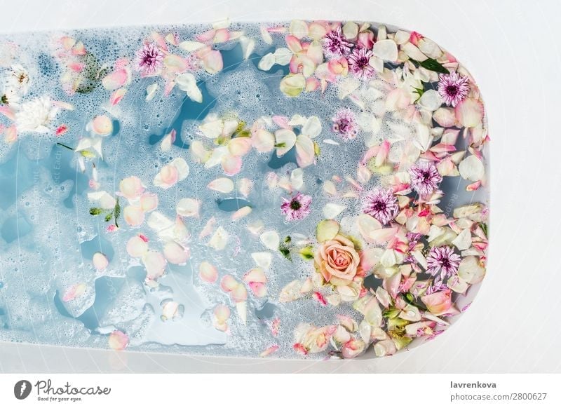 bath filled with blue bubble water, flowers and petals Aromatic Tub Lifestyle Relaxation Clean Washing Blue Water Drinking water Beauty Photography selfcare