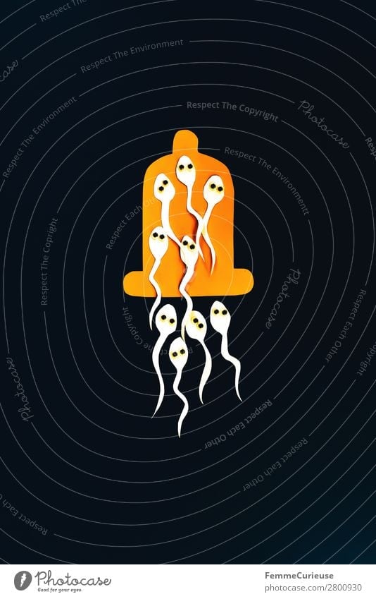 Symbol image for contraception - sperm in condom Sign Sex Sexuality Condom Contraceptive Family planning Black Orange wobbly eyes Eyes Symbols and metaphors