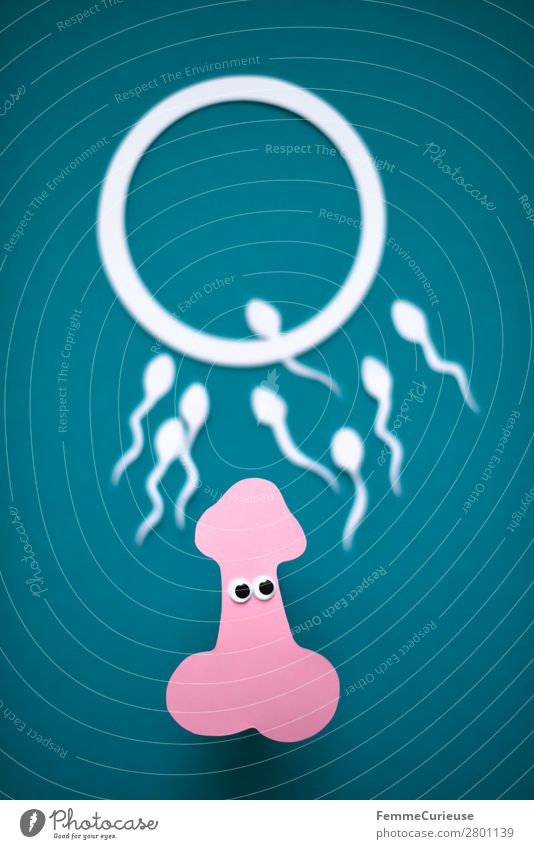 Symbol image for reproduction Sign Sex Sexuality Penis Egg cell Sperm Turquoise White Pink wobbly eyes Illustration Graph Propagation Fertilization