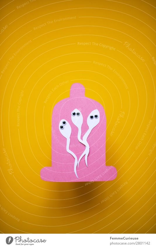 Contraception - sperm trapped in a condom Sign Sex Sexuality Condom Sperm Contraceptive Yellow Pink Eyes wobbly eyes Symbols and metaphors Illustration