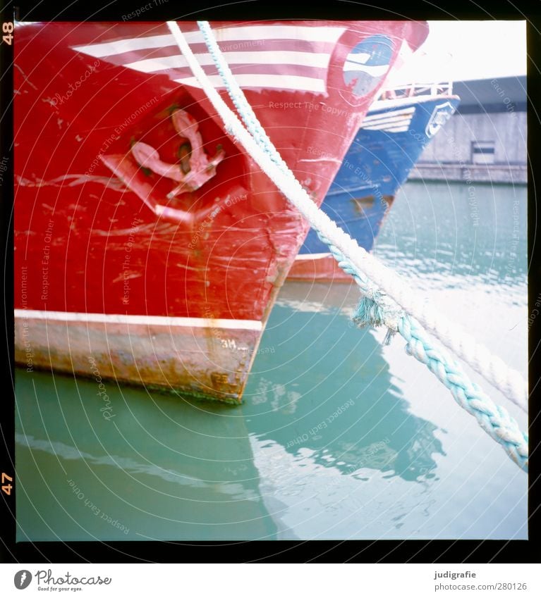 Hirtshals Water Port City Harbour Navigation Fishing boat Anchor Rope Blue Red Calm Colour photo Multicoloured Exterior shot
