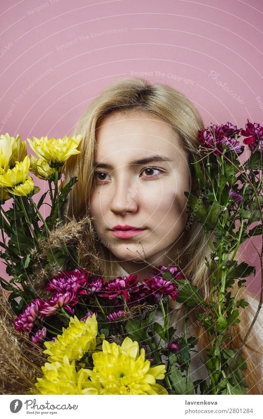 portrait of young adult female with blond hair on pink Asians Beautiful Beauty Photography Blonde Blossom Bouquet Chrysanthemum Dye Face Fashion Woman Floral