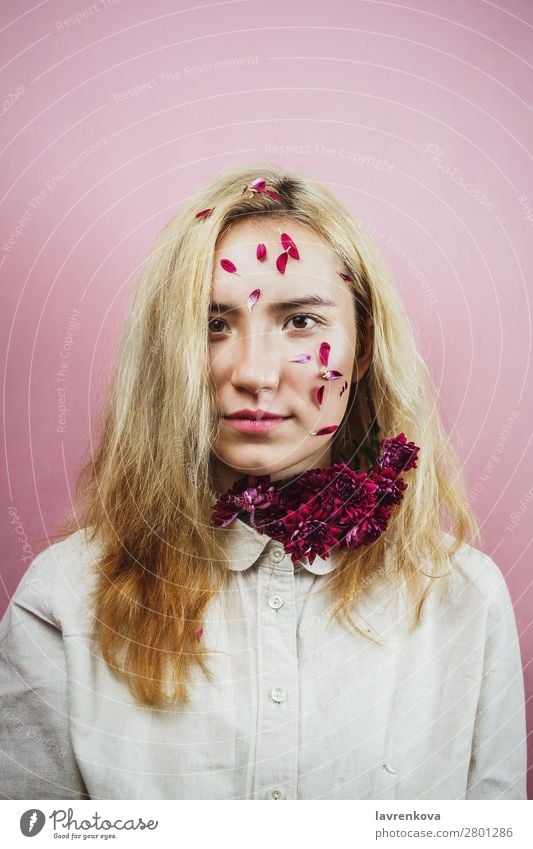 female with flower petals on her face, natural beauty Asians Beauty Photography Blonde Chrysanthemum Conceptual design Dye Face Fashion Flower Glamor