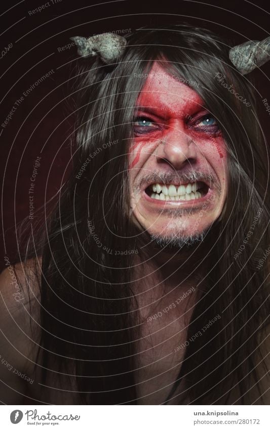 the number of the krempl Make-up Masculine Man Adults 1 Human being 30 - 45 years Brunette Long-haired Scream Aggression Threat Dark Creepy Crazy Red Emotions
