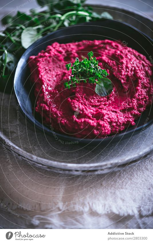 Hummus on plate Above Appetizer Apron arabic Background picture Red beet beetroot Chickpeas Cooking Delicious Diet Dip dipping eastern Food Healthy