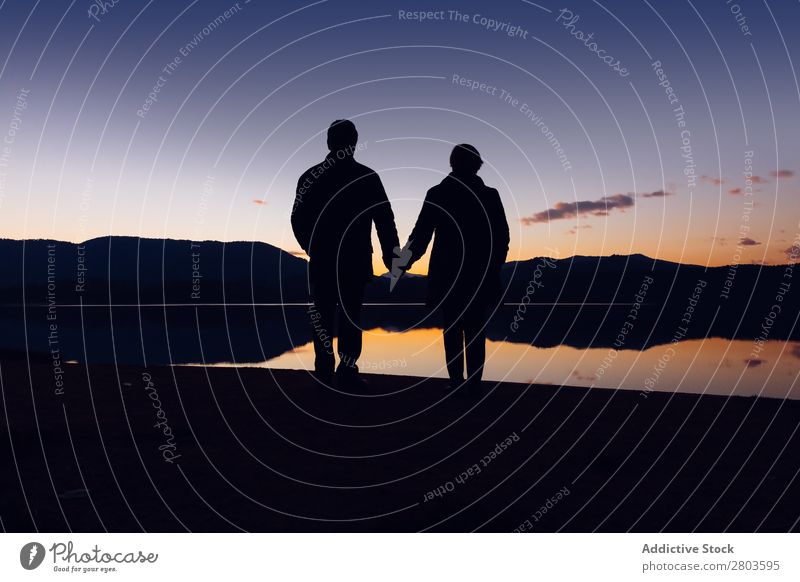 Anonymous couple standing near water during sunset Couple Coast Water holding hands romantic Sunset Evening Together Love Silhouette Vacation & Travel banyoles