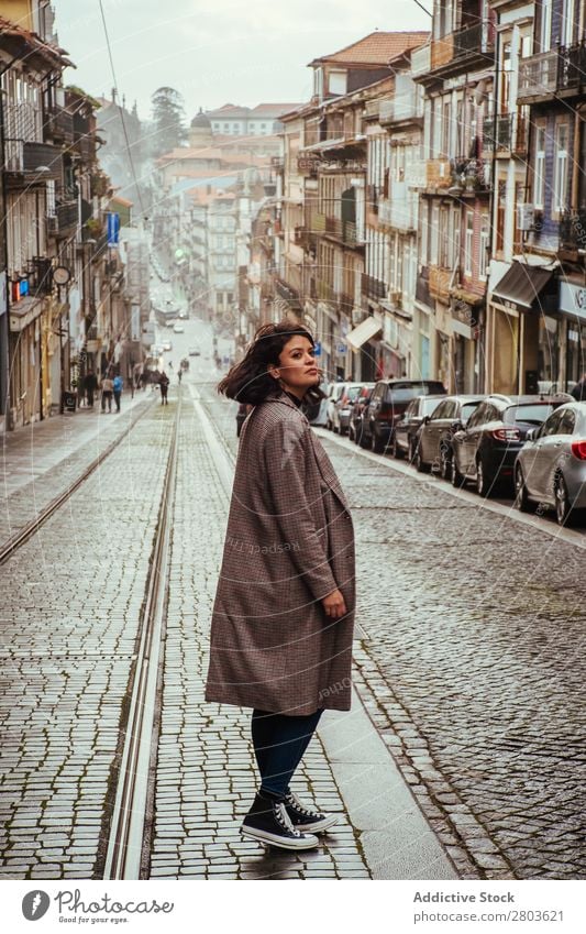 Trendy woman on old city street Woman City Old Street paved Looking away Tourism Porto Portugal Youth (Young adults) Fashion Vacation & Travel Trip Wanderlust