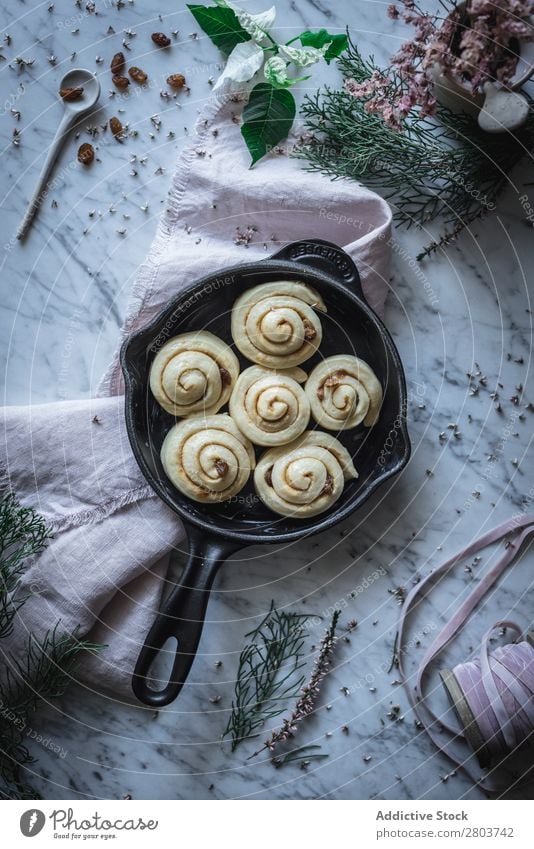 Fresh cinnamon rolls on table Napkin Pan Table Roll Food Meal Rustic Gourmet Tradition Cooking Baked goods Morning Delicious Tasty yummy Dog food Sugar Kitchen