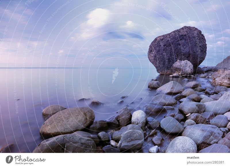 foundling Landscape Sky Clouds Horizon Summer Weather Beautiful weather Coast Beach Bay Ocean Blue Gray tranquillity silent Stone Rock Colour photo