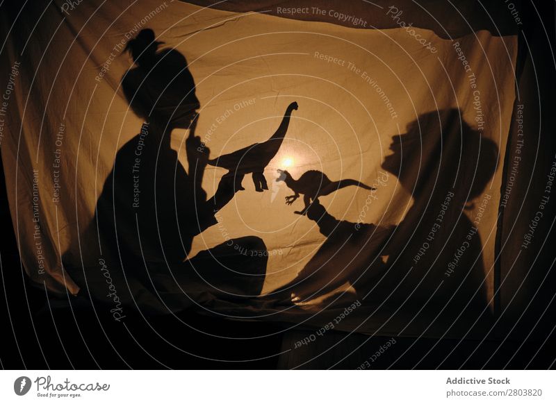 Silhouette of woman with kid playing behind sheet Woman Child Playing Shadow Flat (apartment) Dinosaur Illumination Joy Together Evening Night Mother