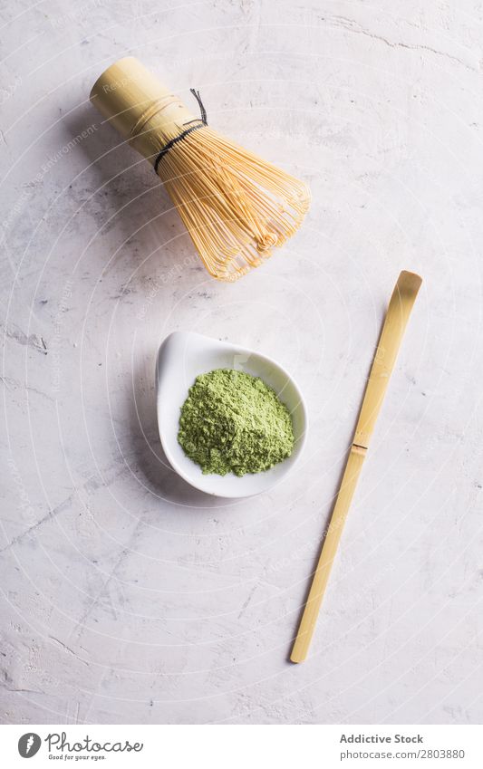 Green matcha tea powder and bamboo whisk assorted Bamboo Beverage brew Drinking Healthy Herbs and spices Japanese Powder Scoop Spoon Tea Teapot Water Beater