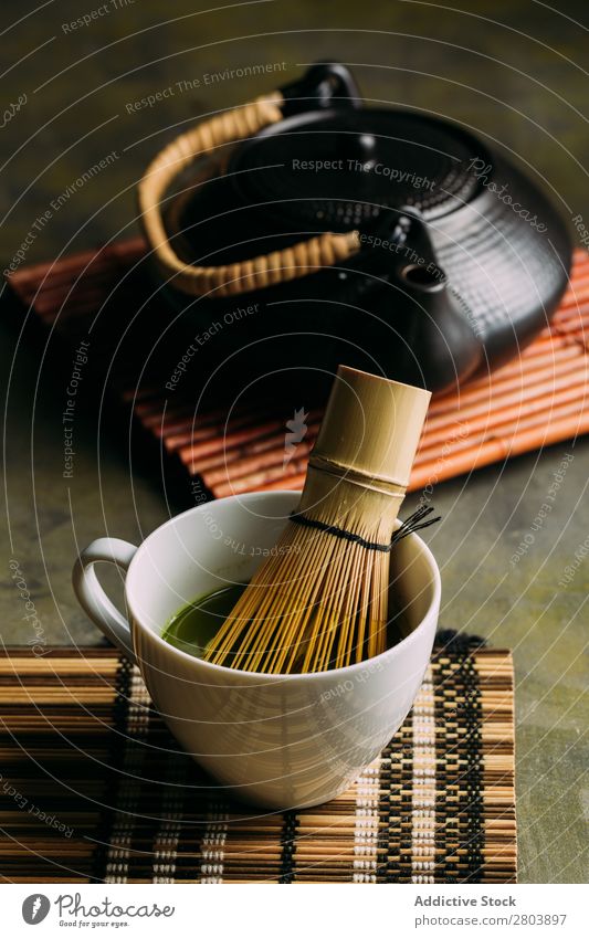 Preparing matcha tea assorted Bamboo Beverage brew Cup Dark Drinking Green Healthy Herbs and spices Japanese Powder Scoop Tea Teapot Water Beater Wood