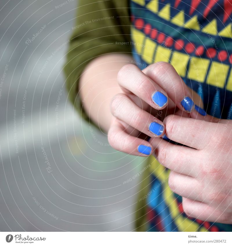 well ... ömm ... Woman Adults Hand Fingers 1 Human being T-shirt Nail polish Cosmetics Feminine Blue Trust Safety Caution Self Control Honest Authentic Fairness