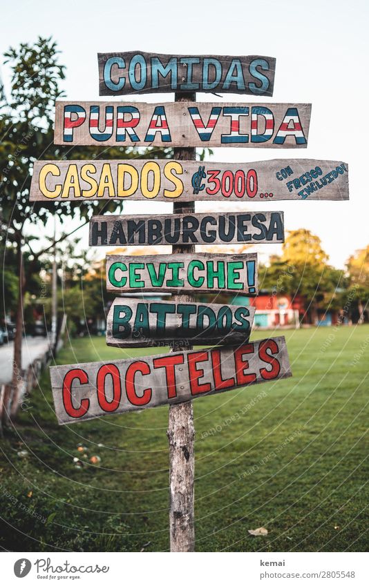 Vertical menu Nutrition Leisure and hobbies Vacation & Travel Tourism Trip Summer vacation Costa Rica Sign Characters Signs and labeling Signage Warning sign