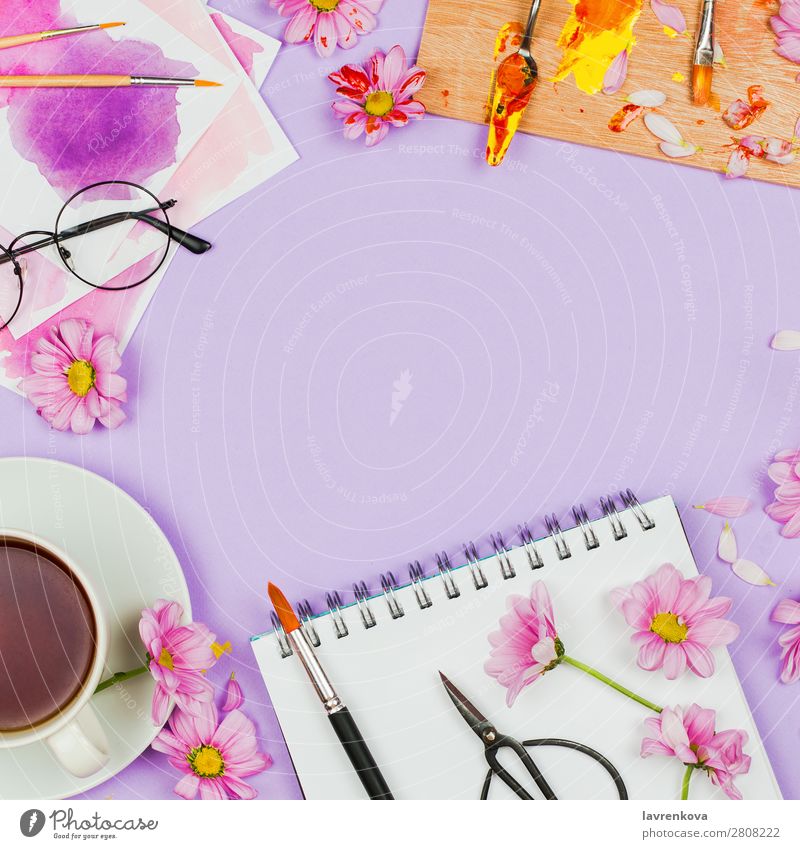 Art supplies, palette, glasses, flowers, tea and sketchbook Above Beverage Blank Blossom Brush Chrysanthemum Colour Multicoloured Conceptual design Cup Daisy