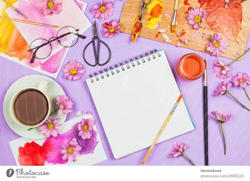 Art supplies, palette, glasses, flowers, tea and sketchbook Blog Blossom Brush Chrysanthemum Colour Multicoloured Creativity Cup Daisy Marguerite Design