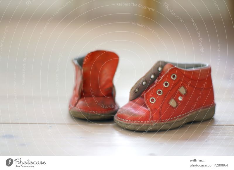 Outgrowing the children's shoes Red Childrens shoe Leather Small Eyelet Old Second-hand Childhood memory Childlike Footwear Nostalgia Cute