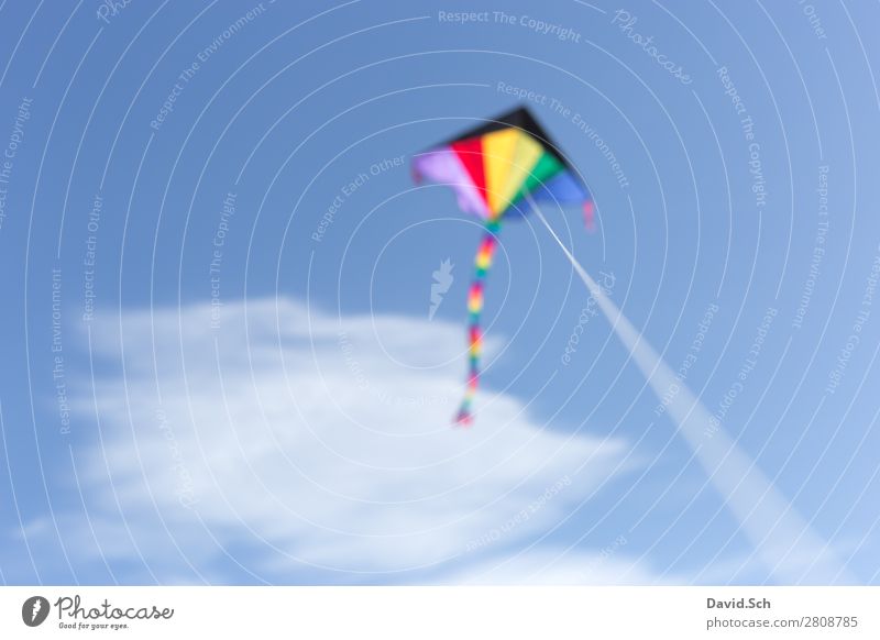 kites Leisure and hobbies Sky Clouds Wind Movement Flying Friendliness Blue Multicoloured Joy Hang glider Kite String Prismatic colors Toys Colour photo