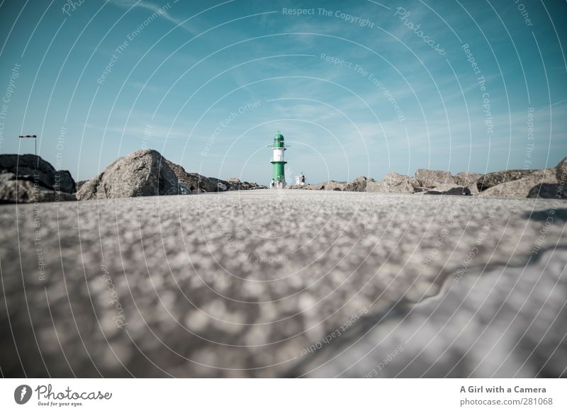 Warnemünde - Horizon Sky Cloudless sky Summer Lighthouse Far-off places Deep Small Lanes & trails Worm's-eye view Subdued colour Exterior shot Copy Space left
