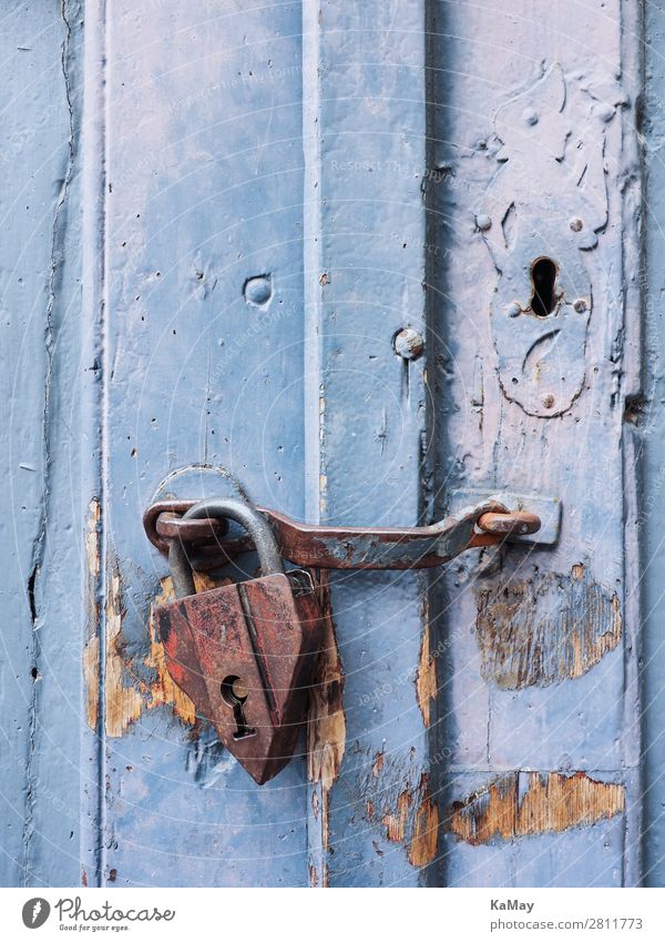 Old padlock on blue door Architecture Door Lock Wood Metal Rust Historic Blue Safety Protection Senior citizen Threat Puzzle Decline Padlock Wooden door Closed