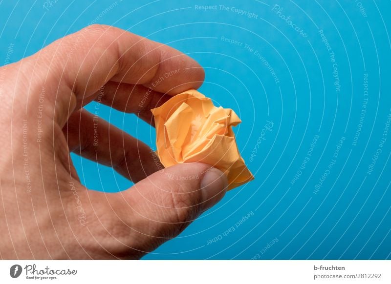 Hand with yellow ball of paper Study Office work Workplace Business Fingers Paper Piece of paper Select Catch To hold on Blue Orange Knot Brainstorming