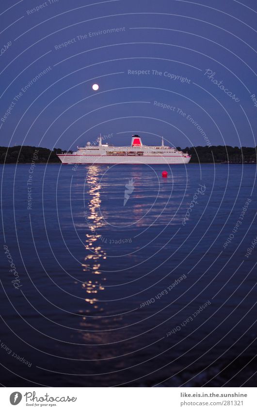 A ship will come.... Landscape Cloudless sky Moon Full  moon Summer Waves Coast Lakeside River bank North Sea Baltic Sea Ocean Navigation Inland navigation