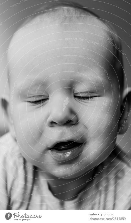 Closed eyes baby Human being Baby Head Face Eyes Nose Mouth Lips 1 0 - 12 months Smiling Laughter Sleep Dream Black & white photo Interior shot Studio shot