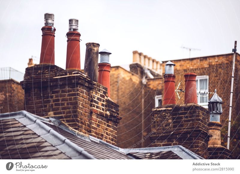 Rooftop chimneys of London rooftops Chimney Sky Blue Building Background picture Home Architecture Great Britain Brick City House (Residential Structure)