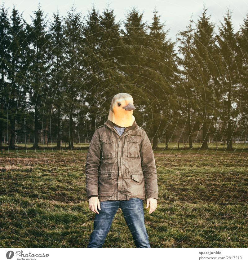 Man with bird mask Human being Masculine Young man Youth (Young adults) 1 30 - 45 years Adults Environment Nature Landscape Spring Grass Garden Park Field