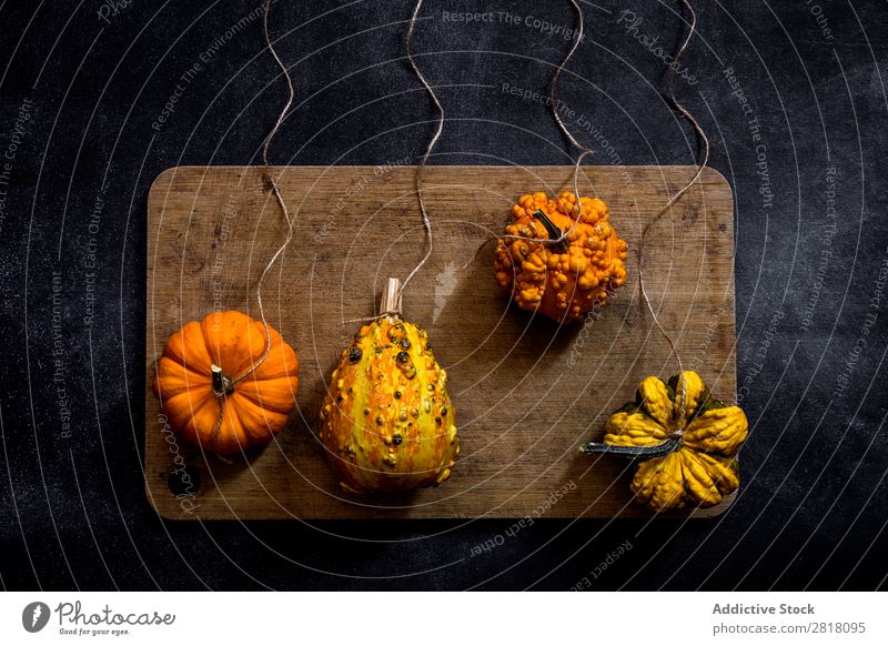 Pumpkins on dark table Fruit Food Background picture Diet Fresh Green Healthy Natural Organic Raw Agriculture Mature Table Bird's-eye view Vegetable