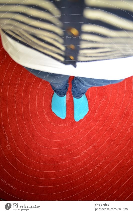 from top to bottom Pants Jeans Jacket Cloth Stockings Buttons Stand Blue Gold Red Turquoise White Top Carpet Under Striped sweater Colour photo Interior shot