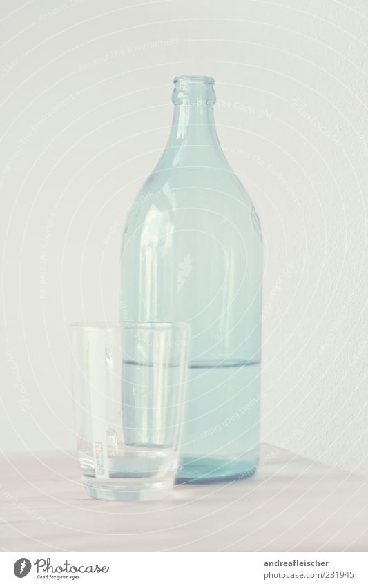 water bottle. Food Drinking water Cup Glass Esthetic Smooth Full Blue Reflection Wall (building) Wood Tabletop Structures and shapes Art Beige Bottle